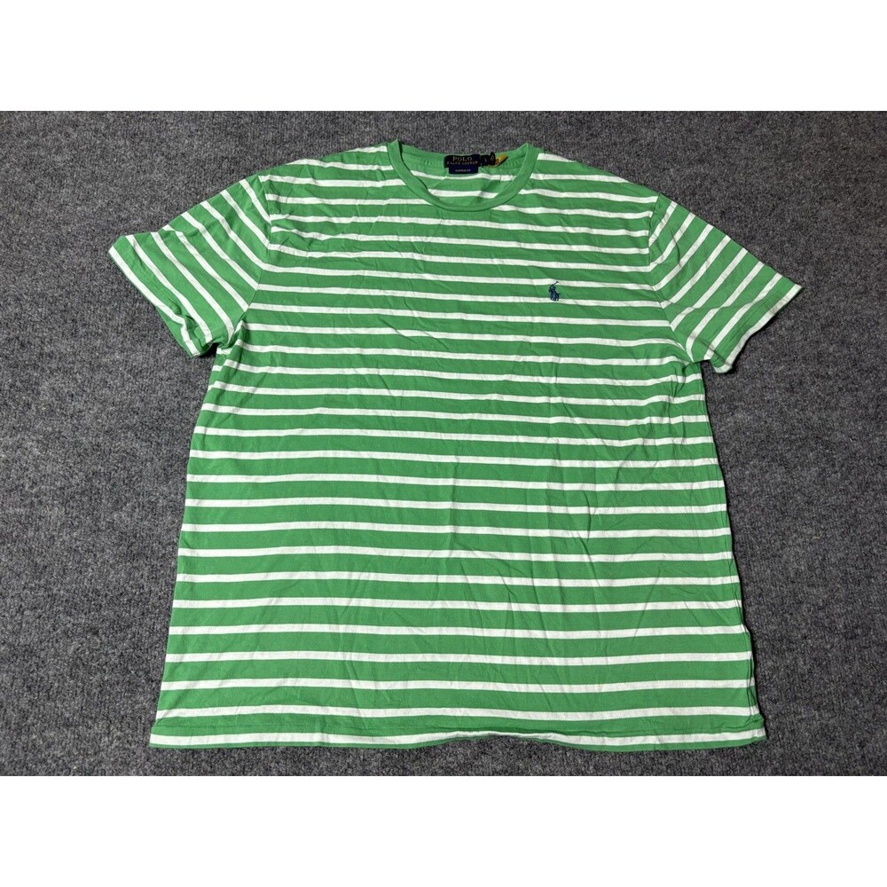 Polo Ralph Lauren Shirt Mens L Green White Stripe Crew Neck Cotton Logo Tee